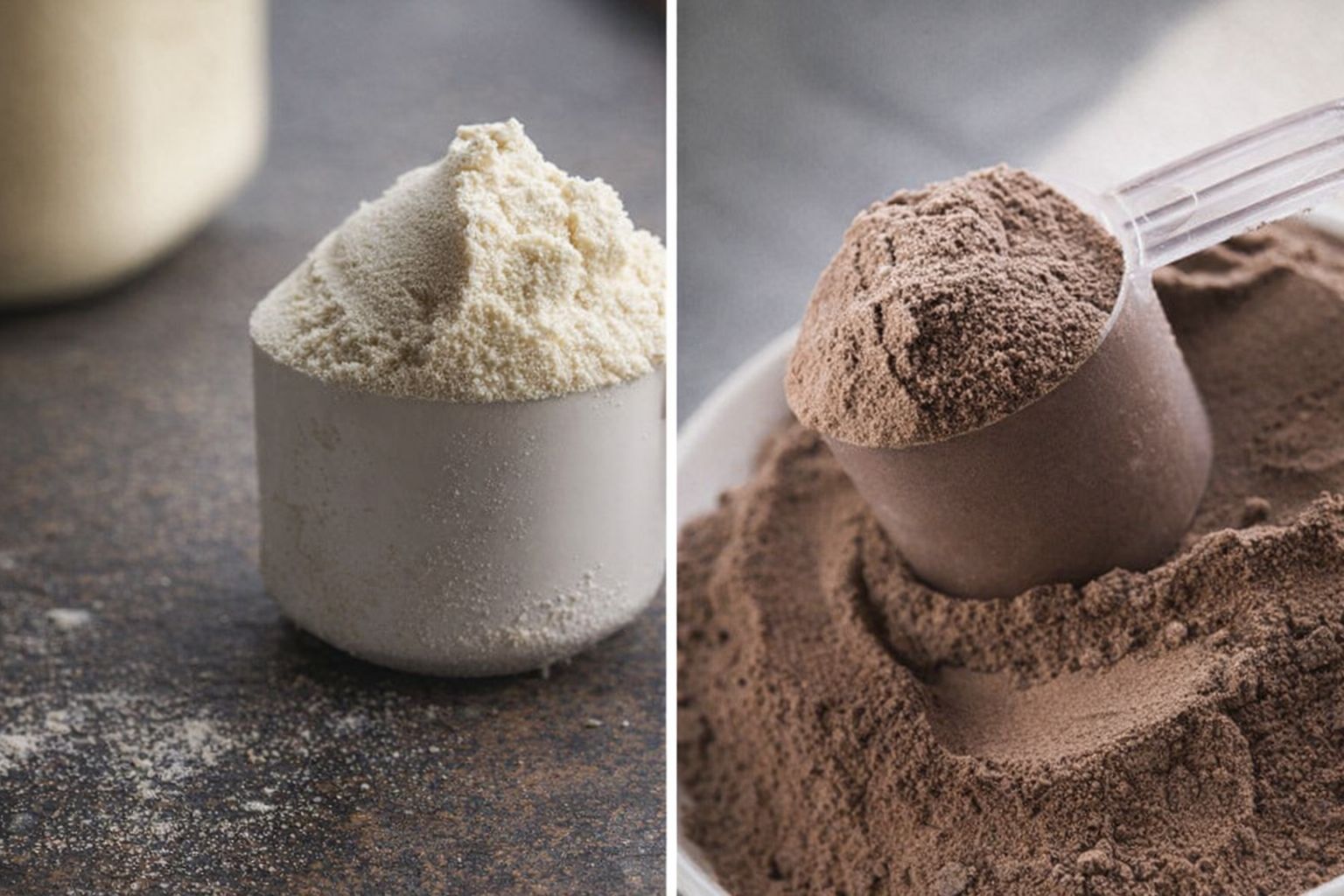 Två skopor proteinpulver: en med vitt pulver, en med brunt chokladpulver.